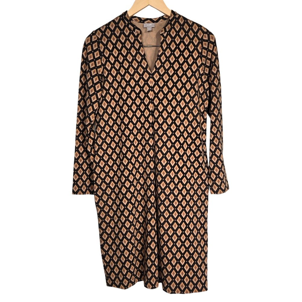 J.‎ Jill Stretch Pima Cotton Modal Diamond Print Shift Dress XS Brown Black